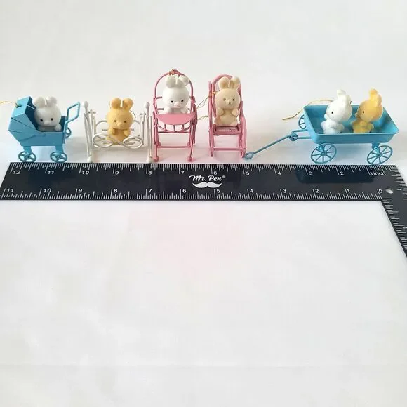 Vtg Flocked Easter Bunny Ornaments Miniature Metal Wagon Decor Kitsch Lot Of 7 - Picture 7 of 7